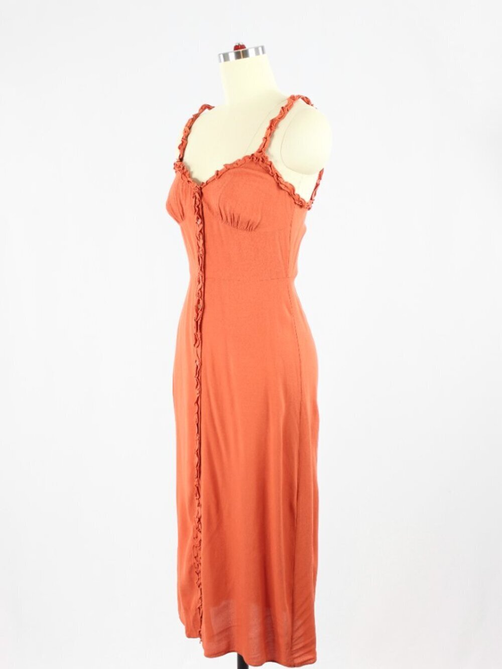 Aritzia WILFRED Heartthrob Sinopia Orange Crepe Ruffle Trim Midi Dress, Size 2 - Picture 4 of 15